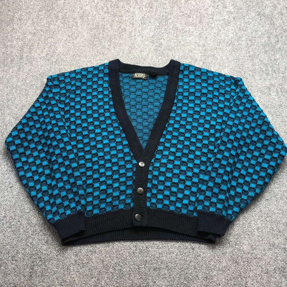 Street Closed Vintage Teal Blue Black Checkerboard Knit Cardigan Sweater Mens L